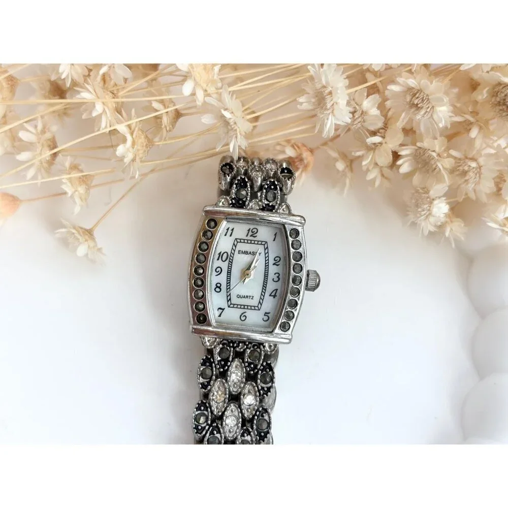 Embassy GEM9049L Marcasite Silver T Quartz Vintage Wristwatch - 14mm - WORKS!